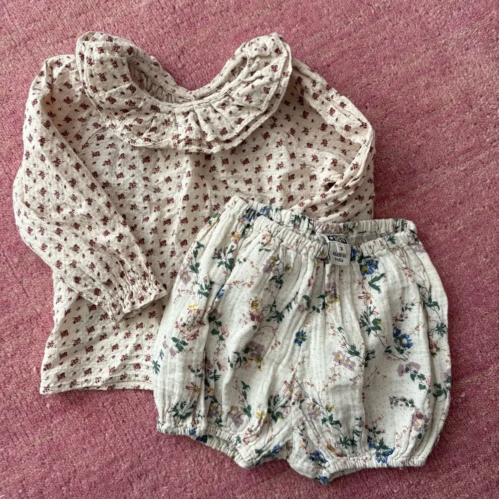 BonBon Girls Dainty Floral Muslin Bloomers Shorts + Ruffle Blouse
